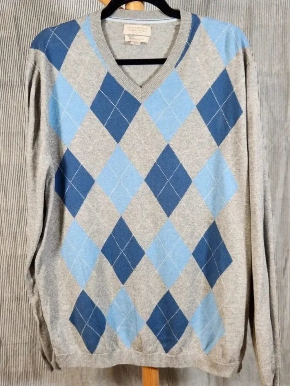 Banana Republic XL Gray Blue Cotton Cashmere Argyle V Neck Pullover Sweater